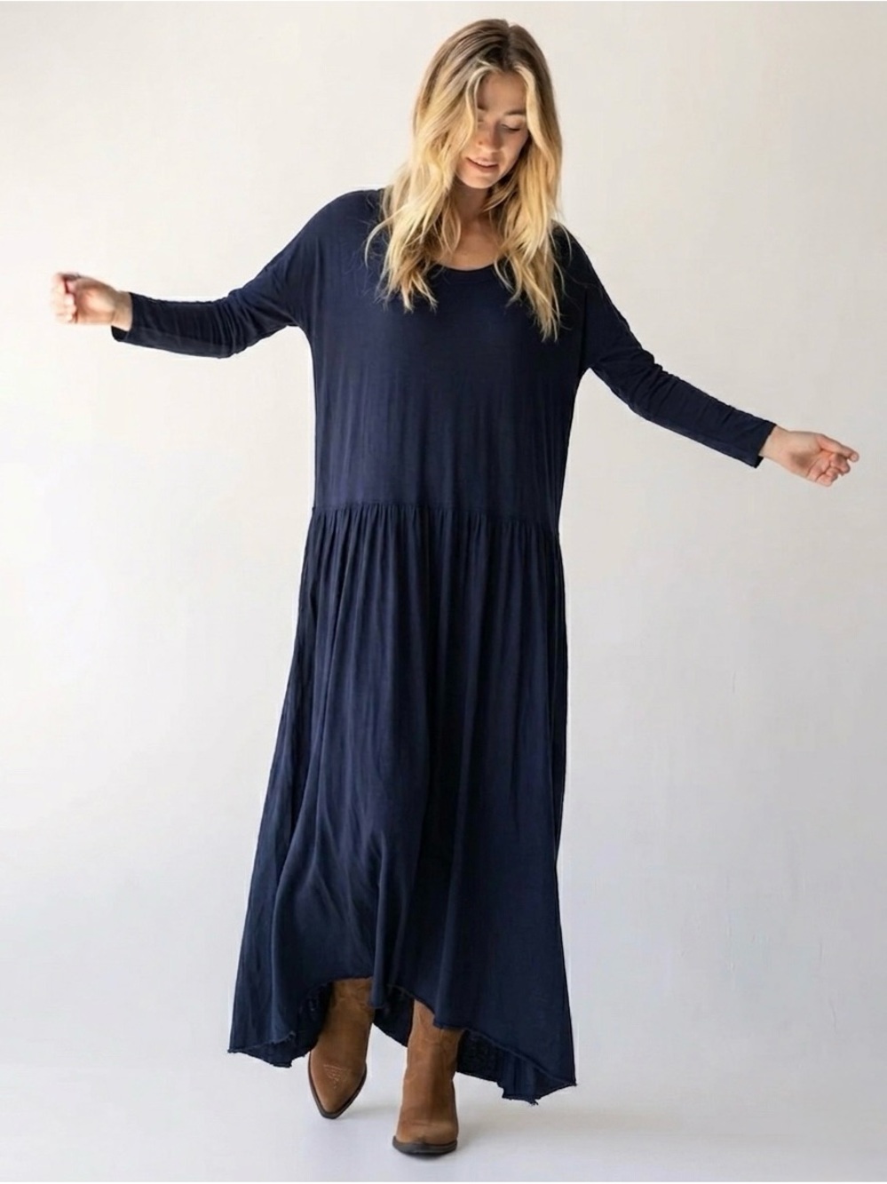 Free People FP Beach Cameron Long Sleeve Maxi Dress L Black Cotton Modal Slouchy
